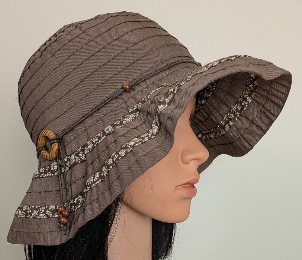 Jeanne Simmons Wide Brim Floppy Hat Brown Beaded Pleated Floral Boho Hippie